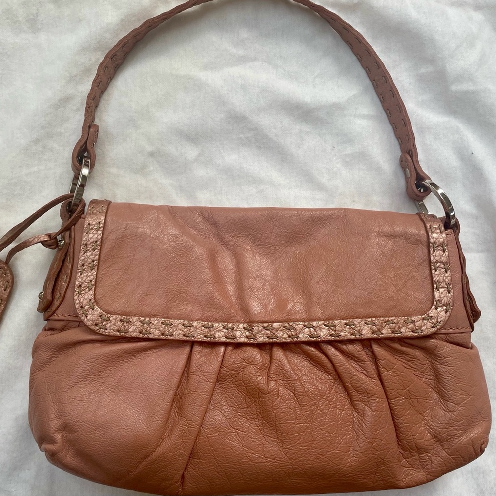 Fendi Rose gold Leather Shoulder Selleria Bag with silver hardware.